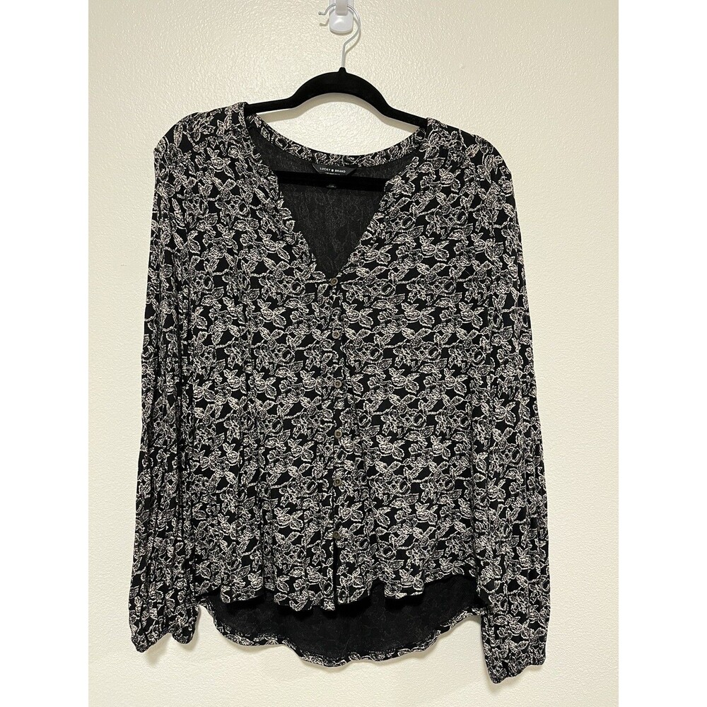Lucky Brand Womens Puff Sleeve Button Down Shirt Black White Floral Print Large